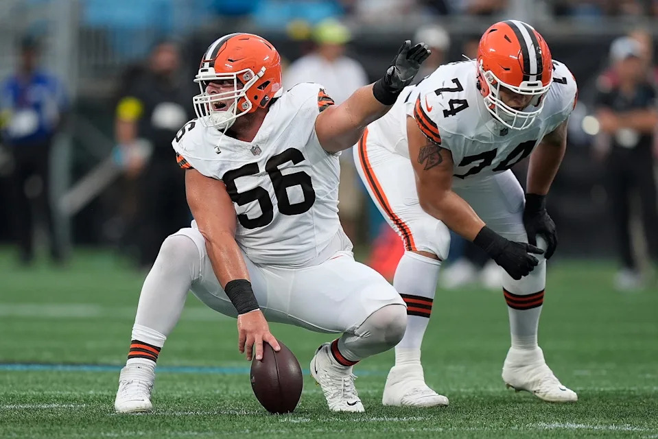 Aug 8, 2025; Charlotte, North Carolina, USA; Cleveland Browns center Luke Wypler (56) calls out the defense during the first quarter against the Carolina Panthers at Bank of America Stadium. Mandatory Credit: Jim Dedmon-Imagn Images
