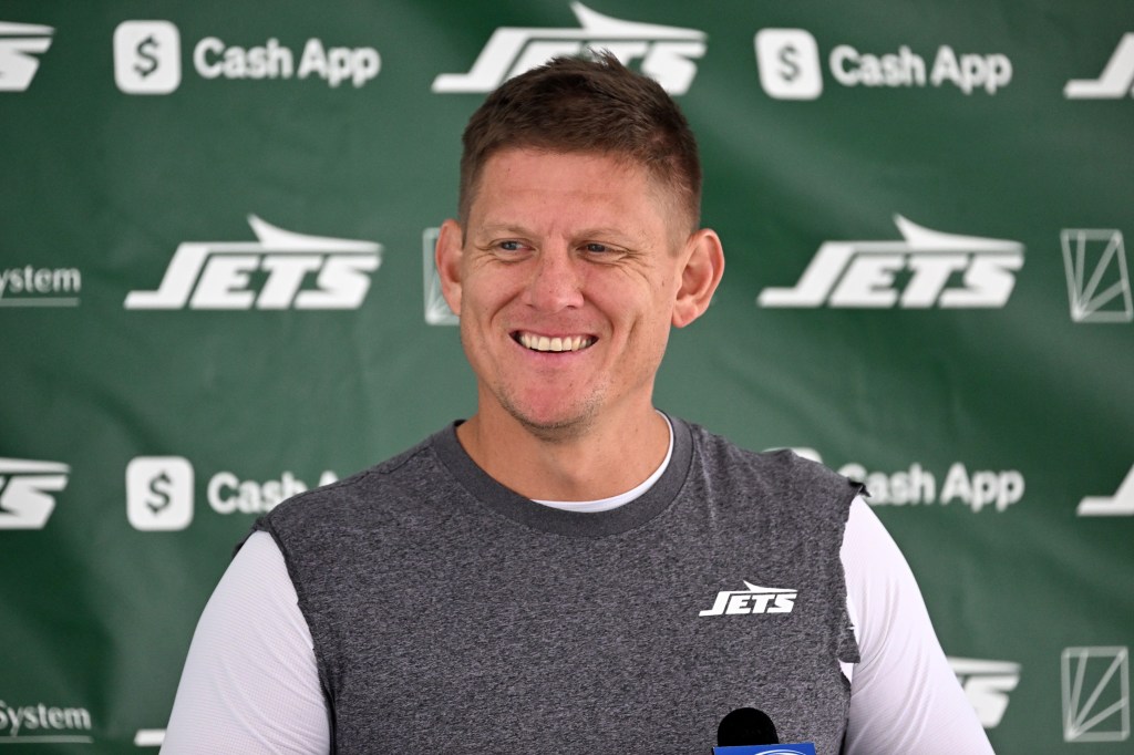 Jets kicker Nick Folk speaks to the media after practice at training camp in Florham Park, NJ.