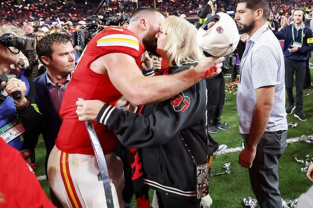 JOHN G MABANGLO/EPA-EFE/Shutterstock Travis Kelce hugs his mom, Donna Kelce, after the Kansas City Chiefs won the 2024 Super Bowl