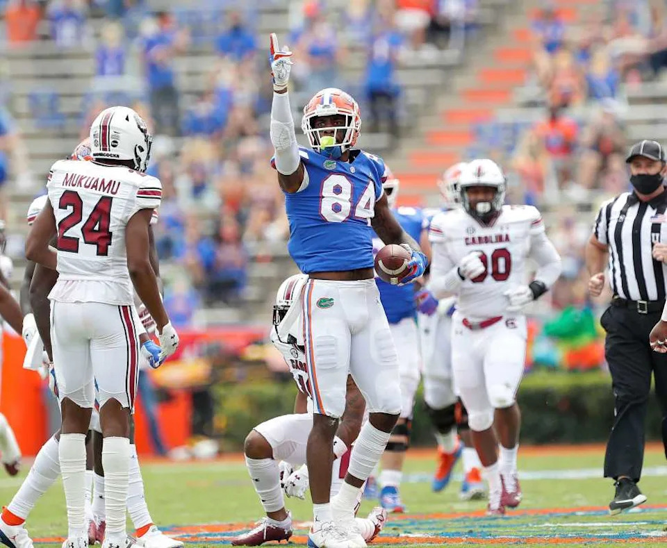 Gators tight end Kyle Pitts signals a first down after making a catch during a game against South Carolina at Ben Hill Griffin Stadium.© Brad McClenny via Imagn Content Services&comma; LLC