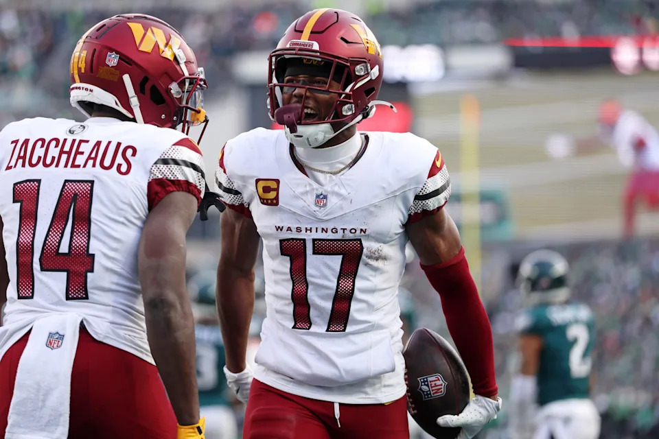 Jan 26, 2025; Philadelphia, PA, USA; Washington Commanders wide receiver Terry McLaurin (17) reacts after a play with wide receiver Olamide Zaccheaus (14) against the Philadelphia Eagles during the first half in the NFC Championship game at Lincoln Financial Field.© Bill Streicher-Imagn Images