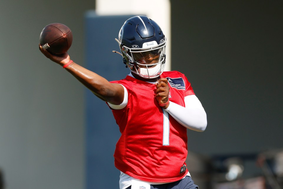 Cam Ward #1 of the Tennessee Titans dropping back to pass.