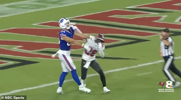 Shilo Sanders throws a punch at Bills tight end Zach Davidson while playing for the Bucs