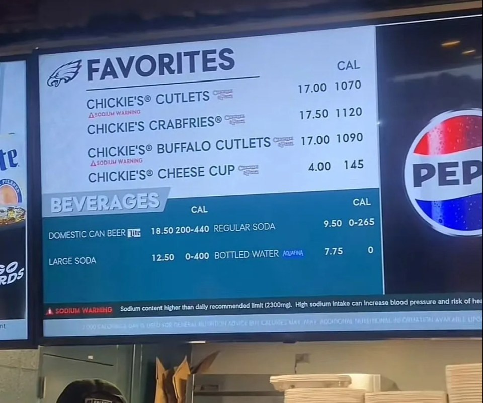 Chickie's & Pete's menu board at Lincoln Financial Field showing prices and caloric information.