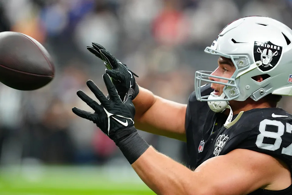 Jan 5, 2025; Paradise, Nevada, USA; Las Vegas Raiders tight end Michael Mayer (87) warms up before a game against the Los Angeles Chargers at Allegiant Stadium. Mandatory Credit: Stephen R. Sylvanie-Imagn Images