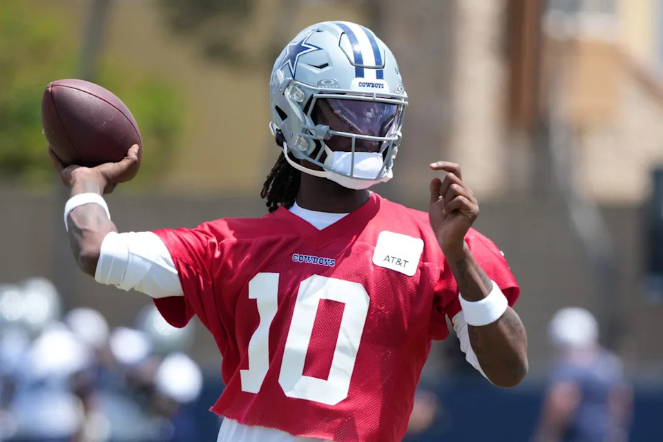Jul 26, 2025; Oxnard, CA, USA; Dallas Cowboys quarterback Joe Milton (10) throws the ball at training camp at the River Ridge Fields. Mandatory Credit: Kirby Lee-Imagn Images
