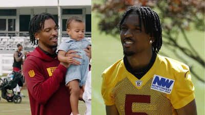 Jayden Daniels hilariously struggles to hold baby during Commanders practice in must-see viral moment