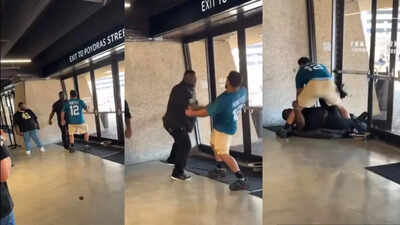 Fight between Jacksonville Jaguars supporter and New Orleans Saints fan turns chaotic during heated NFL preseason matchup