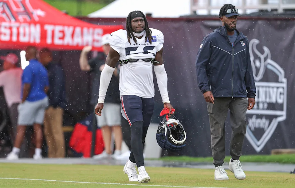 Jul 27, 2024; Houston, TX, USA; Houston Texans linebacker Jamal Hill (56) walks on the field at Houston Methodist Training Center. Mandatory Credit: Troy Taormina-USA TODAY Sports