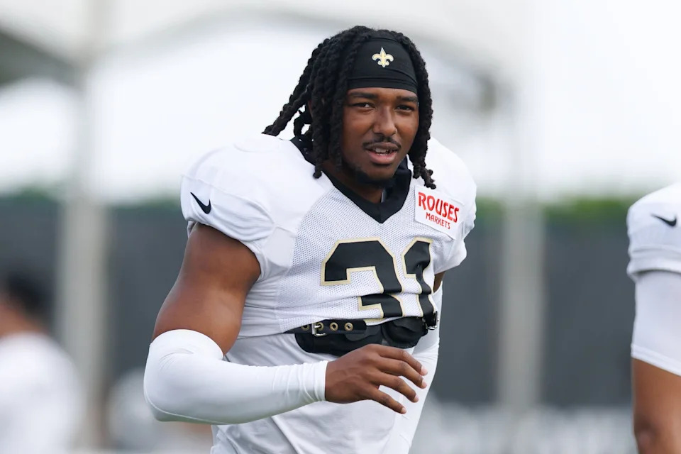 Jul 30, 2025; New Orleans, LA, USA; New Orleans Saints safety Jordan Howden (31) during training camp at Ochsner Sports Performance Center. Mandatory Credit: Stephen Lew-Imagn Images