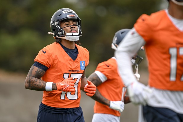 Pat Bryant (13) of the Denver Broncos jogs during OTAs at Broncos Park in Centennial on Thursday, May 29, 2025. (Photo by AAron Ontiveroz/The Denver Post)
