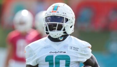 Miami Dolphins’ Tyreek Hill smashed into by teammate during training camp