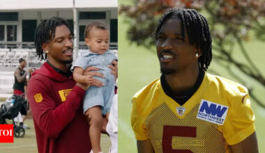 Jayden Daniels hilariously struggles to hold baby during Commanders practice in must-see viral moment | NFL News
