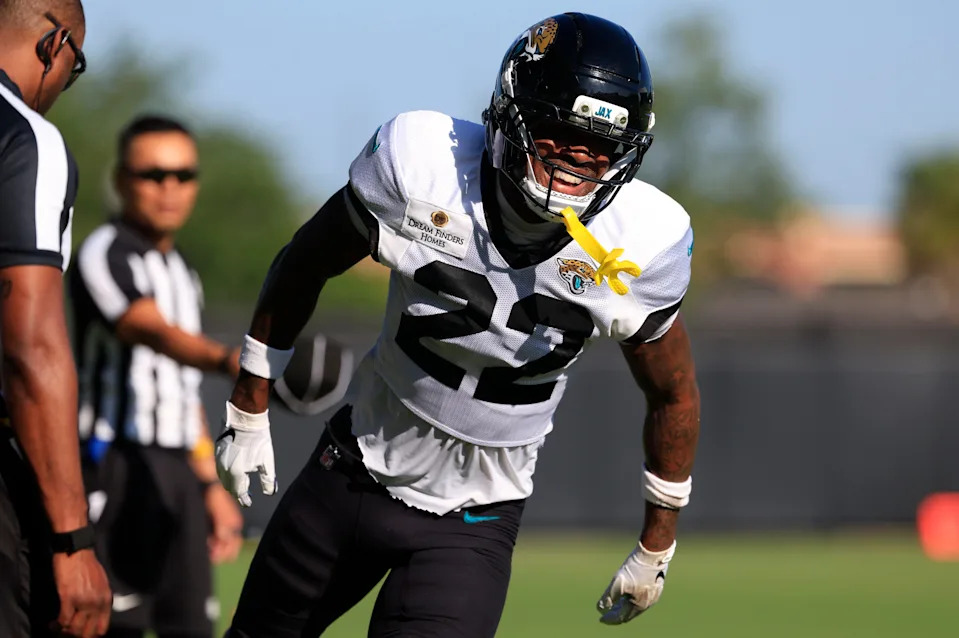 Jacksonville Jaguars linebacker Foyesade Oluokun (23) reacts during an NFL training camp session at the Miller Electric Center, Wednesday, Aug. 6, 2025, in Jacksonville, Fla. [Corey Perrine/Florida Times-Union]