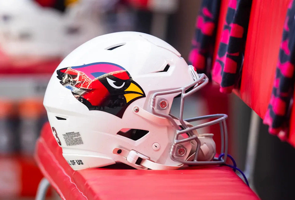 Detailed view of an Arizona Cardinals helmet.