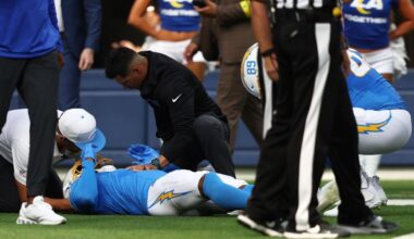 Chargers WR Quentin Johnston leaves field on cart after big hit on 3rd snap vs Rams