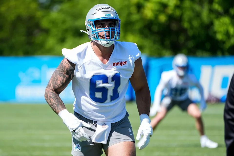 Detroit Lions defensive lineman Ahmed Hassanein (61) practices during rookie mini camp at Meijer Performance Center in Allen Park on Friday, May 9, 2025.