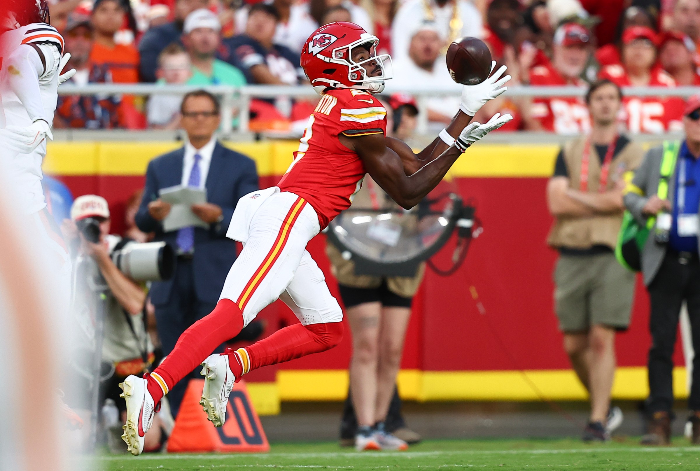 KANSAS CITY, MISSOURI - AUGUST 22: Tyquan Thornton #2 of the Kansas City Chiefs catches a long first quarter pass during the NFL Preseason 2025 game between Chicago Bears and Kansas City Chiefs at Arrowhead Stadium on August 22, 2025 in Kansas City, Missouri. (Photo by David Eulitt/Getty Images)