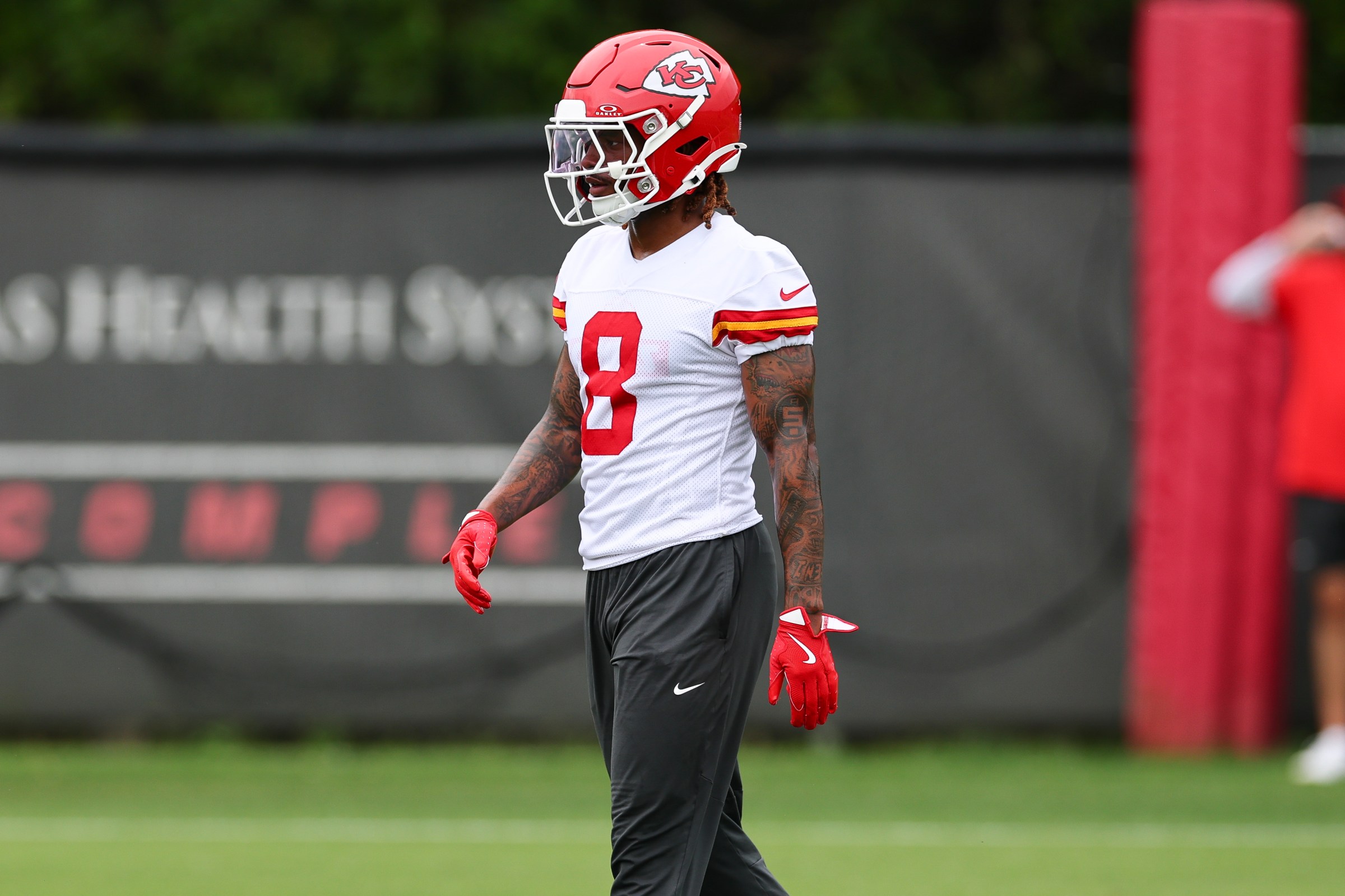 KANSAS CITY, MISSOURI - JUNE 17: Kristian Fulton #8 of the Kansas City Chiefs participants in a drill during minicamp at The University of Kansas Health System Training Complex on June 17, 2025 in Kansas City, Missouri. (Photo by Aaron M. Sprecher/Getty Images)