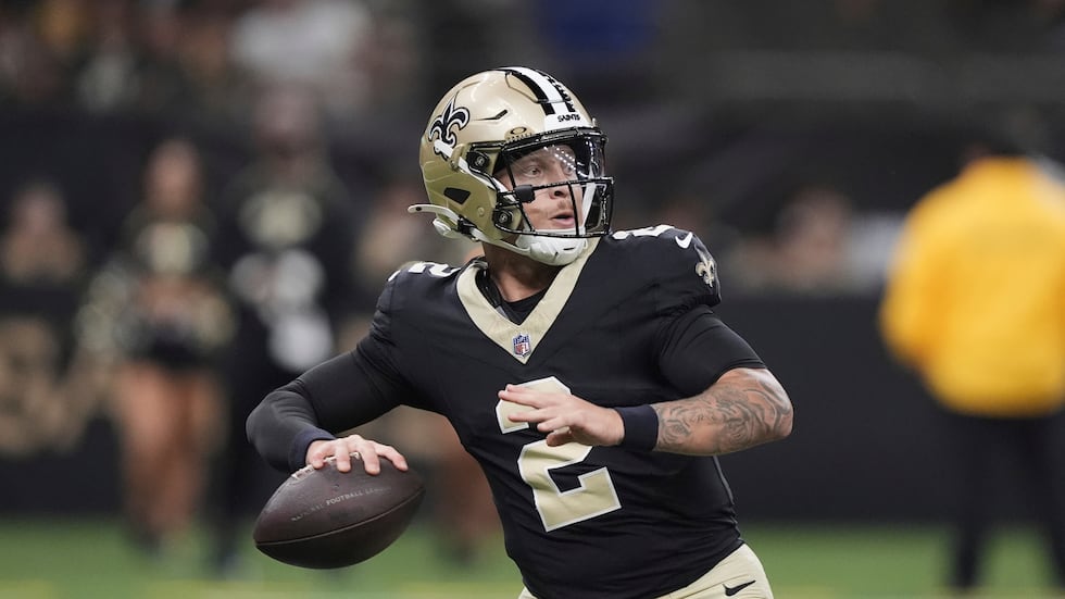 New Orleans Saints quarterback Spencer Rattler (2) passes during an NFL preseason football...