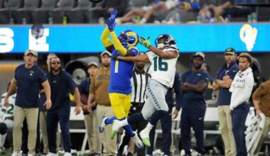 Los Angeles Rams cornerback Derion Kendrick (1) intercepts a pass by the Seahawks&#x002019; Geno Smith intended for Seattle wide receiver Tyler Lockett (16) in the fourth quarter of an NFL game SoFi Stadium in Inglewood, California, Nov. 19, 2023.