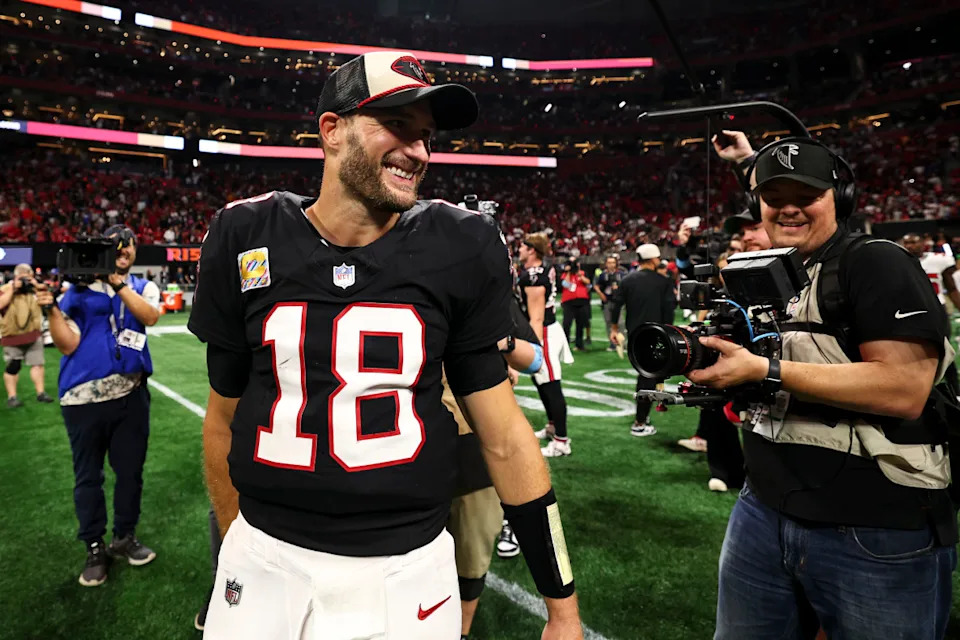 ATLANTA, GEORGIA - OCTOBER 3: Kirk Cousins #18 of the Atlanta Falcons smiles after an NFL football game against the Tampa Bay Buccaneers at Mercedes-Benz Stadium on October 3, 2024 in Atlanta, Georgia. (Photo by Kevin Sabitus/Getty Images)Kevin Sabitus&sol;Getty Images