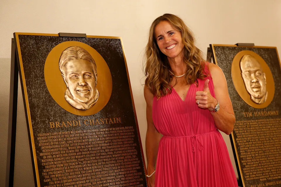 1999 Women's World Cup hero Brandi Chastain poses near her honorary plaque during the San Francisco Bay Area Sports Hall of Fame. (Jane Tyska/Bay Area News Group via Getty Images)