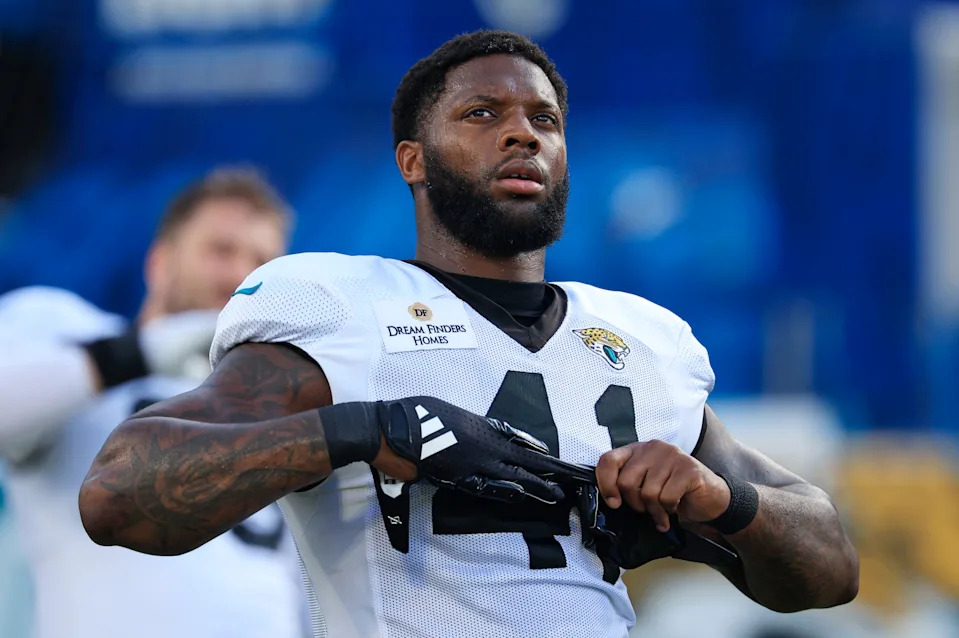 Jacksonville Jaguars defensive end Josh Hines-Allen (41) warms up during an NFL scrimmage event at EverBank Stadium, Friday, Aug. 1, 2025, in Jacksonville, Fla. [Corey Perrine/Florida Times-Union]