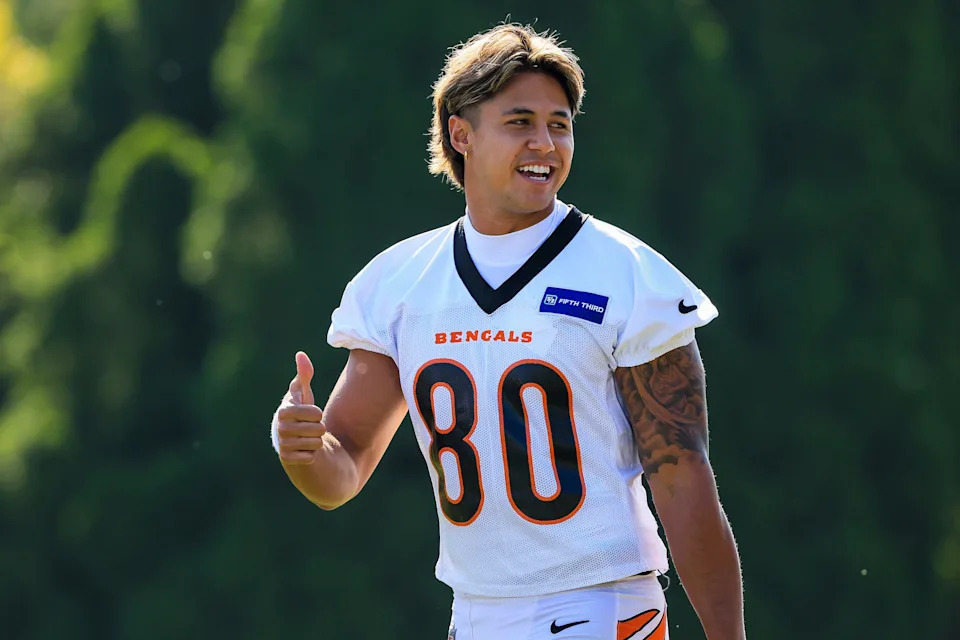 Jul 23, 2025; Cincinnati, OH, USA; Cincinnati Bengals wide receiver Andrei Iosivas (80) walks on the field during training camp at Kettering Health Practice Field. Mandatory Credit: Katie Stratman-Imagn Images