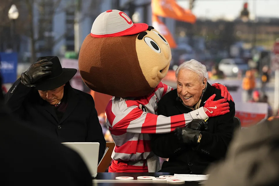 Ohio State mascot Brutus interacts with Lee Corso on the set of ESPN College GameDay prior to the College Football Playoff first round game between the Ohio State Buckeyes and Tennessee Volunteers in Columbus on Dec. 21, 2024.