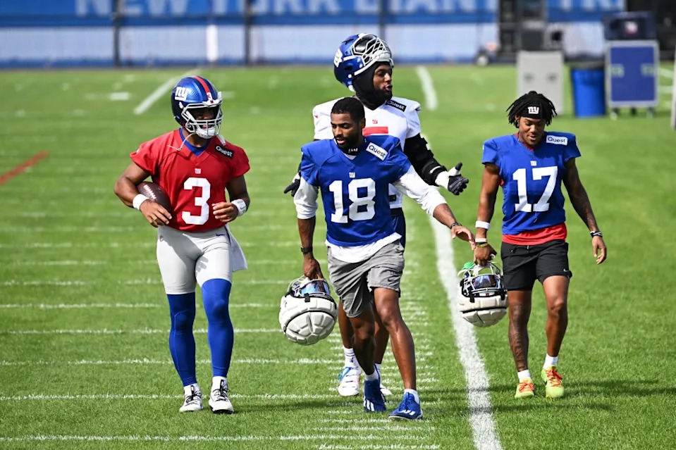 Russell Wilson (3), Darius Slayton (18), Kayvon Thibodeaux (5) and Wan’Dale Robinson (17) are pictured at the Giants’ Aug. 24 practice. Bill Kostroun for the NY Post