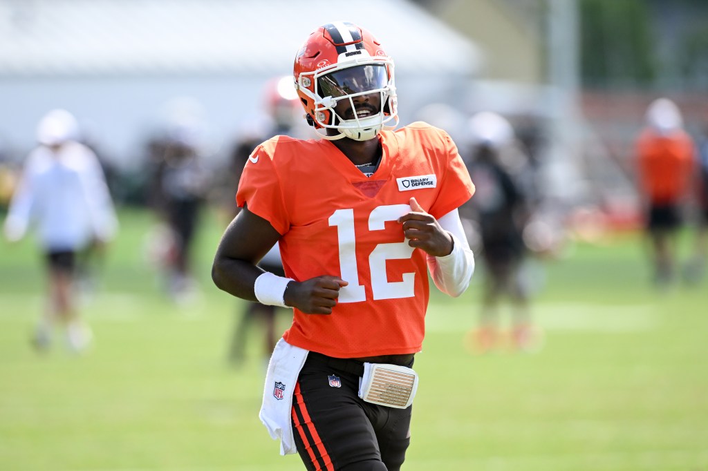 Shedeur Sanders #12 of the Cleveland Browns looks on during Cleveland Browns training camp at CrossCountry Mortgage Campus on July 28, 2025 in Berea, Ohio. 