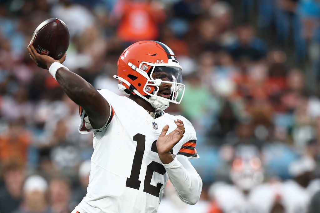 Shedeur Sanders of the Cleveland Browns drops to pass in the first half during the NFL Preseason 2025 game against the Carolina Panthers at Bank of America Stadium on August 08, 2025 in Charlotte, North Carolina.