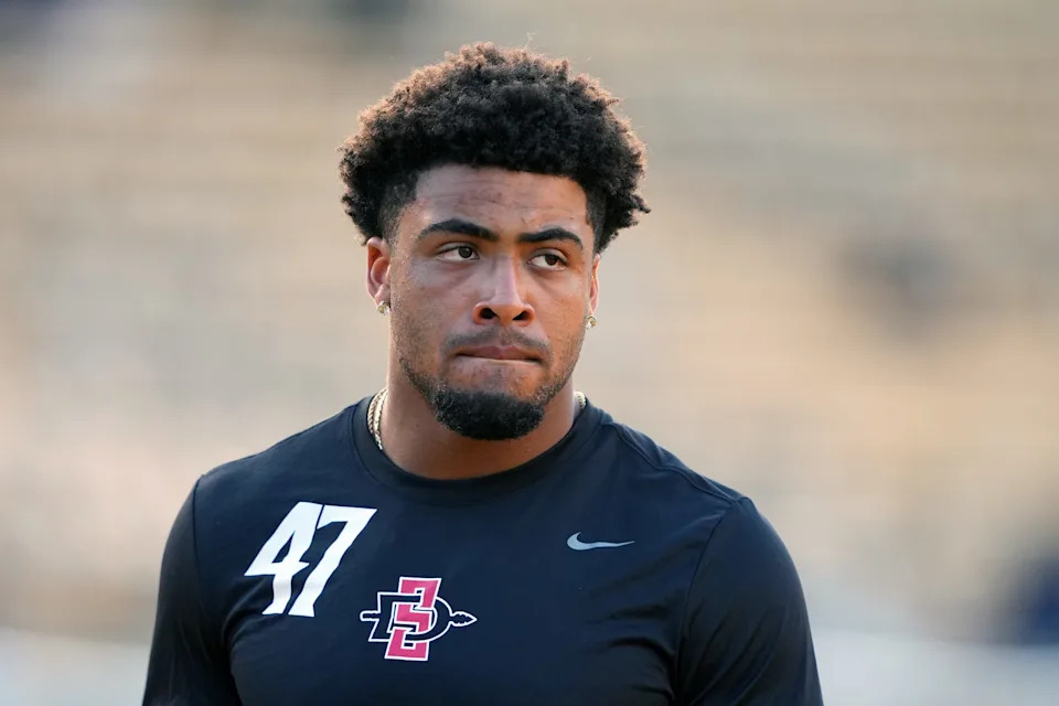 Sep 14, 2024; Berkeley, California, USA; San Diego State Aztecs edge Trey White (47) before the game against the California Golden Bears at California Memorial Stadium. Mandatory Credit: Darren Yamashita-Imagn Images