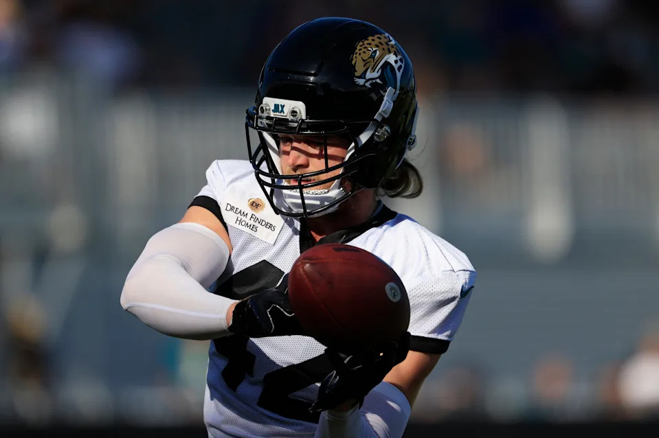 Jacksonville Jaguars safety Andrew Wingard (42) catches a pass during an NFL training camp session at the Miller Electric Center, Sunday, Aug. 3, 2025, in Jacksonville, Fla. [Corey Perrine/Florida Times-Union]