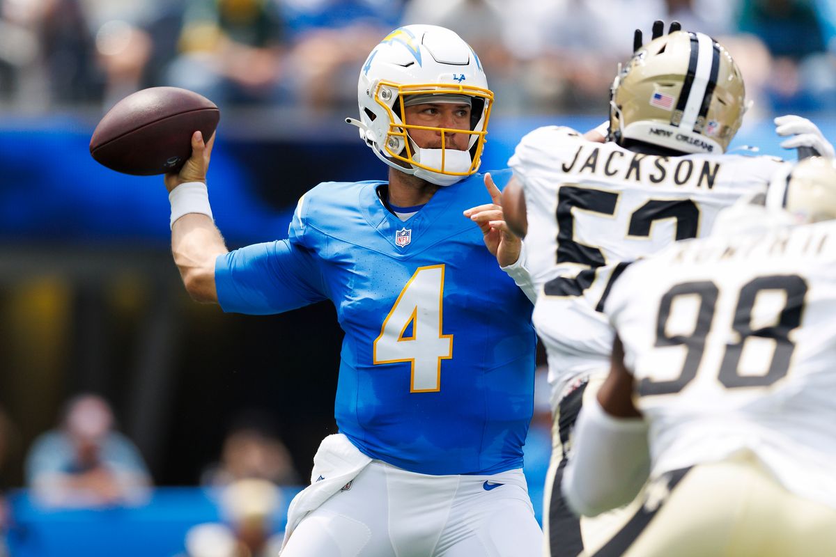 Taylor Heinicke #4 of the Los Angeles Chargers throws during the first half against the New Orleans Saints at SoFi Stadium on August 10, 2025 in Inglewood, California. Taylor Heinicke #4 of the Los Angeles Chargers throws during the first half against the New Orleans Saints at SoFi Stadium on August 10, 2025 in Inglewood, California.