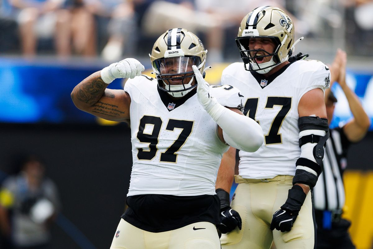 Khristian Boyd #97 of the New Orleans Saints celebrates his sack during the first half against the Los Angeles Chargers at SoFi Stadium on August 10, 2025 in Inglewood, California. Khristian Boyd #97 of the New Orleans Saints celebrates his sack during the first half against the Los Angeles Chargers at SoFi Stadium on August 10, 2025 in Inglewood, California.