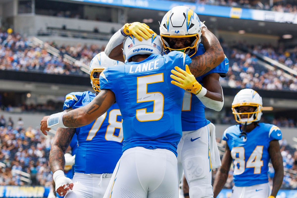 rey Lance #5 of the Los Angeles Chargers celebrates his touchdown run during the first half against the New Orleans Saints at SoFi Stadium on August 10, 2025 in Inglewood, California. rey Lance #5 of the Los Angeles Chargers celebrates his touchdown run during the first half against the New Orleans Saints at SoFi Stadium on August 10, 2025 in Inglewood, California.