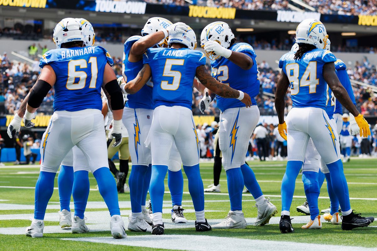 Trey Lance #5 of the Los Angeles Chargers celebrates his touchdown run with teammates during the first half against the New Orleans Saints at SoFi Stadium on August 10, 2025 in Inglewood, California. Trey Lance #5 of the Los Angeles Chargers celebrates his touchdown run with teammates during the first half against the New Orleans Saints at SoFi Stadium on August 10, 2025 in Inglewood, California.