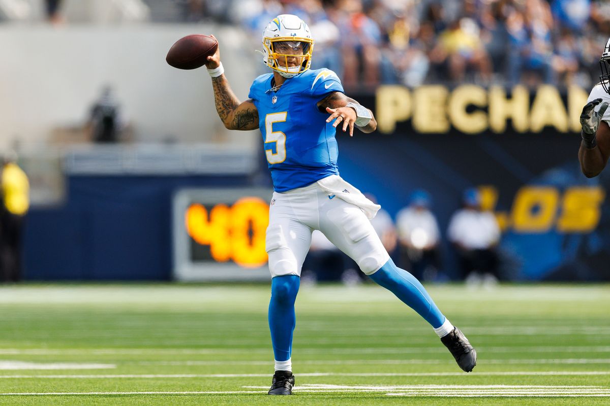 Trey Lance #5 of the Los Angeles Chargers throws on the run during the second half against the New Orleans Saints at SoFi Stadium on August 10, 2025 in Inglewood, California. Trey Lance #5 of the Los Angeles Chargers throws on the run during the second half against the New Orleans Saints at SoFi Stadium on August 10, 2025 in Inglewood, California.