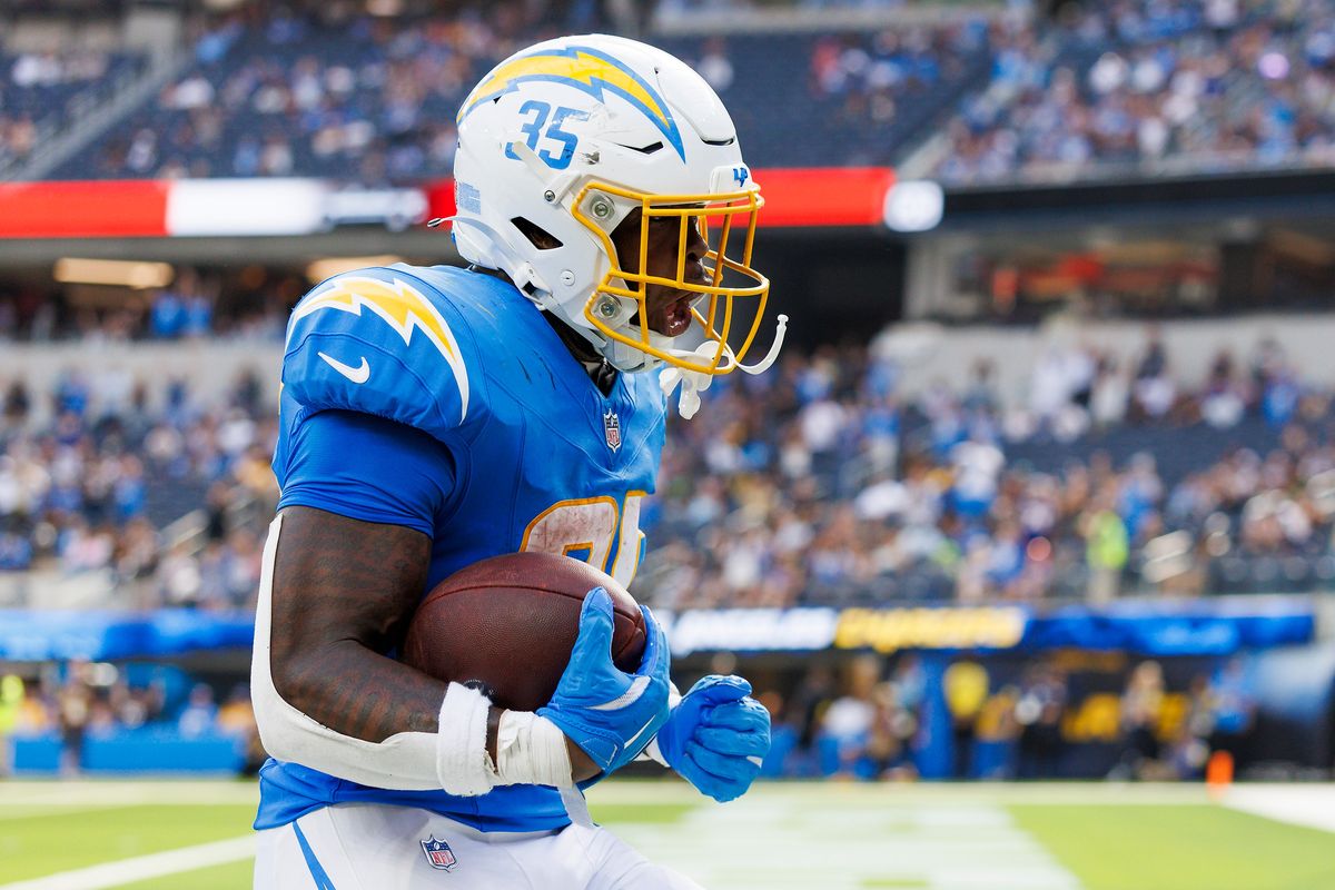 Raheim Sanders #35 of the Los Angeles Chargers celebrates his touchdown run during the second half against the New Orleans Saints at SoFi Stadium on August 10, 2025 in Inglewood, California. Raheim Sanders #35 of the Los Angeles Chargers celebrates his touchdown run during the second half against the New Orleans Saints at SoFi Stadium on August 10, 2025 in Inglewood, California.
