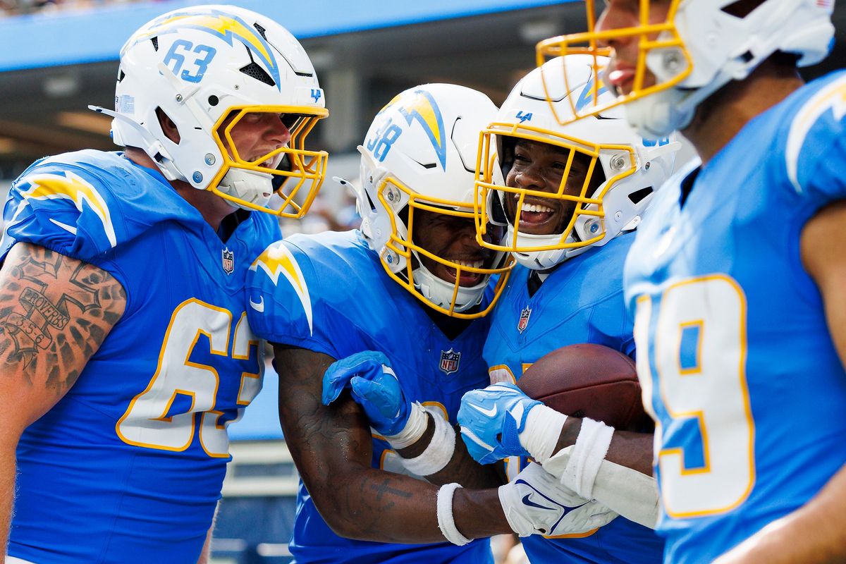 Raheim Sanders #35 of the Los Angeles Chargers celebrates his touchdown run with Josh Kaltenberger #63 of the Los Angeles Chargers during the second half against the New Orleans Saints at SoFi Stadium on August 10, 2025 in Inglewood, California. Raheim Sanders #35 of the Los Angeles Chargers celebrates his touchdown run with Josh Kaltenberger #63 of the Los Angeles Chargers during the second half against the New Orleans Saints at SoFi Stadium on August 10, 2025 in Inglewood, California.