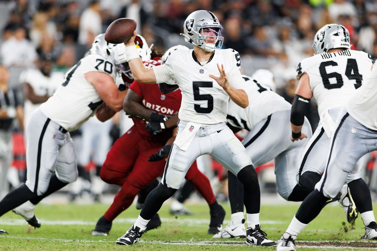 Cam Miller #5 of the Las Vegas Raiders throws during the second half against the Arizona Cardinals at State Farm Stadium on August 23, 2025 in Glendale, Arizona.