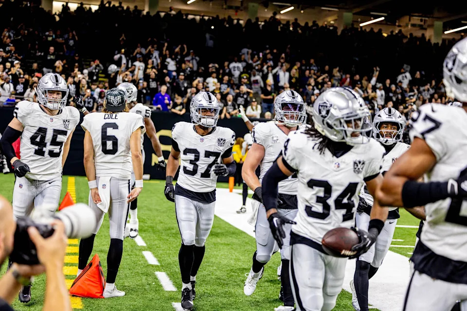 Dec 29, 2024; New Orleans, Louisiana, USA; Las Vegas Raiders safety Thomas Harper (34) celebrates after an interception against the New Orleans Saints during the second half at Caesars Superdome. Mandatory Credit: Stephen Lew-Imagn Images