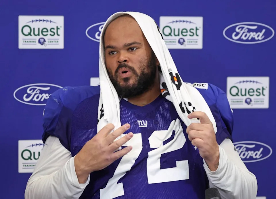 New York Giants guard Jermaine Eluemunor speaking to the media after practice at the Giants Training Facility in East Rutherford, NJ. Charles Wenzelberg / New York Post