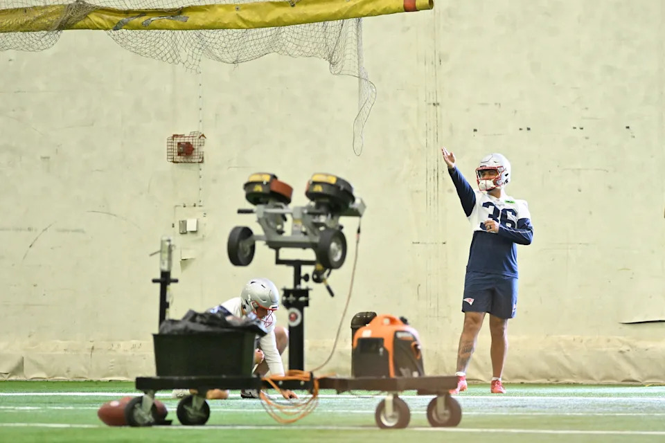 Jun 10, 2025; Foxborough, MA, USA; New England Patriots place kicker Andres Borregales (36) lines up a kick during minicamp held in the WIN Field House at Gillette Stadium. Mandatory Credit: Eric Canha-Imagn Images