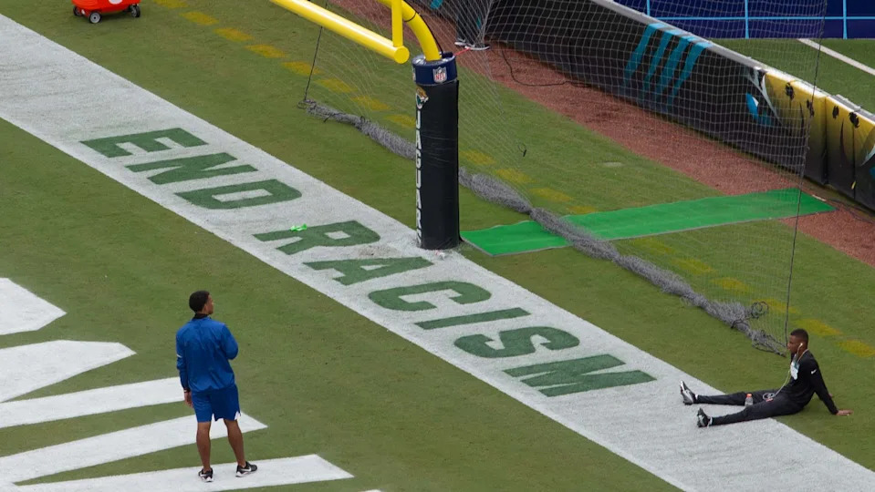 JACKSONVILLE, FL - SEPTEMBER 13: The words End Racism are painted in an end zone for the game between the Indianapolis Colts and the Jacksonville Jaguars on September 13, 2020 at TIAA Bank Field in Jacksonville, Fl. Photo by David Rosenblum/Icon Sportswire via Getty Images)