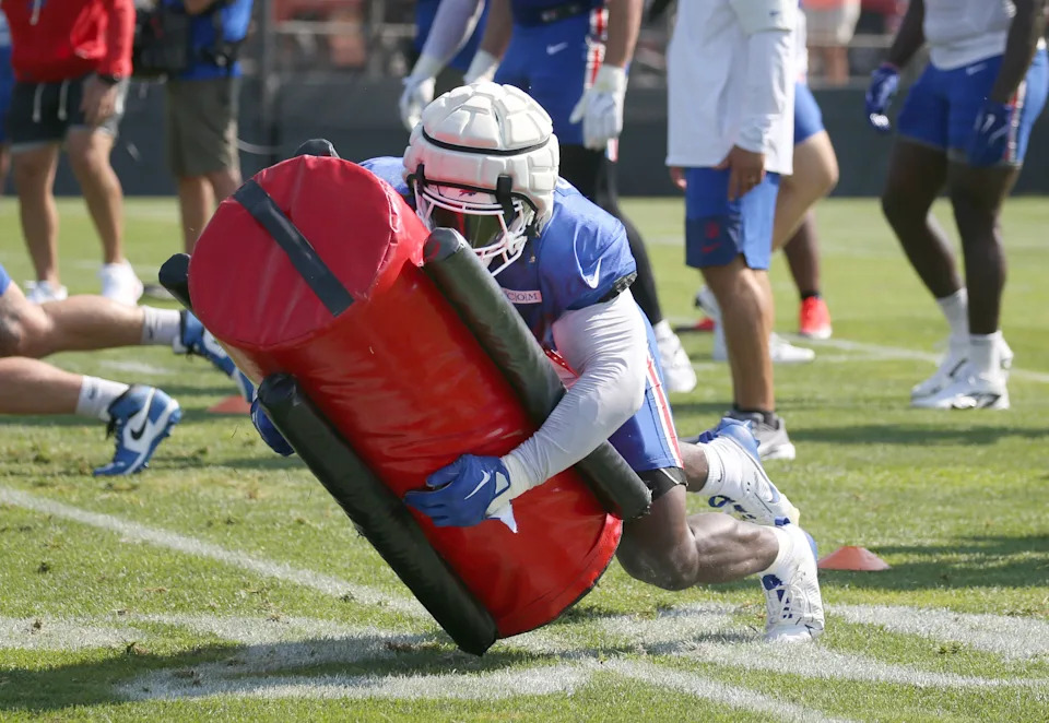 Bills edge Javon Solomon dives into a blocking pad during day five of Buffalo Bills training camp at St. John Fisher University Monday, July 28, 2025 in Pittsford, NY.