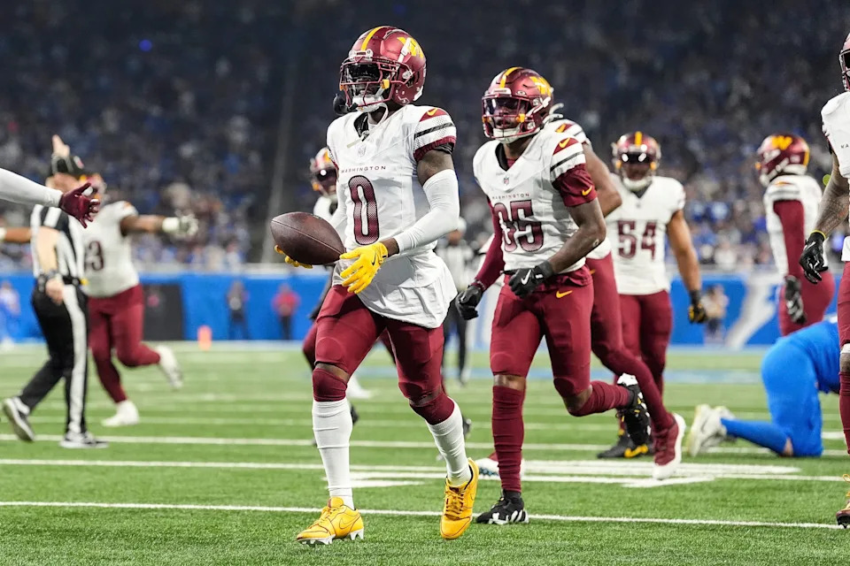 Washington Commanders cornerback Mike Sainristil (0) celebrates an interception against Detroit Lions during the first half of the NFC divisional round at Ford Field in Detroit on Saturday, Jan. 18, 2025.