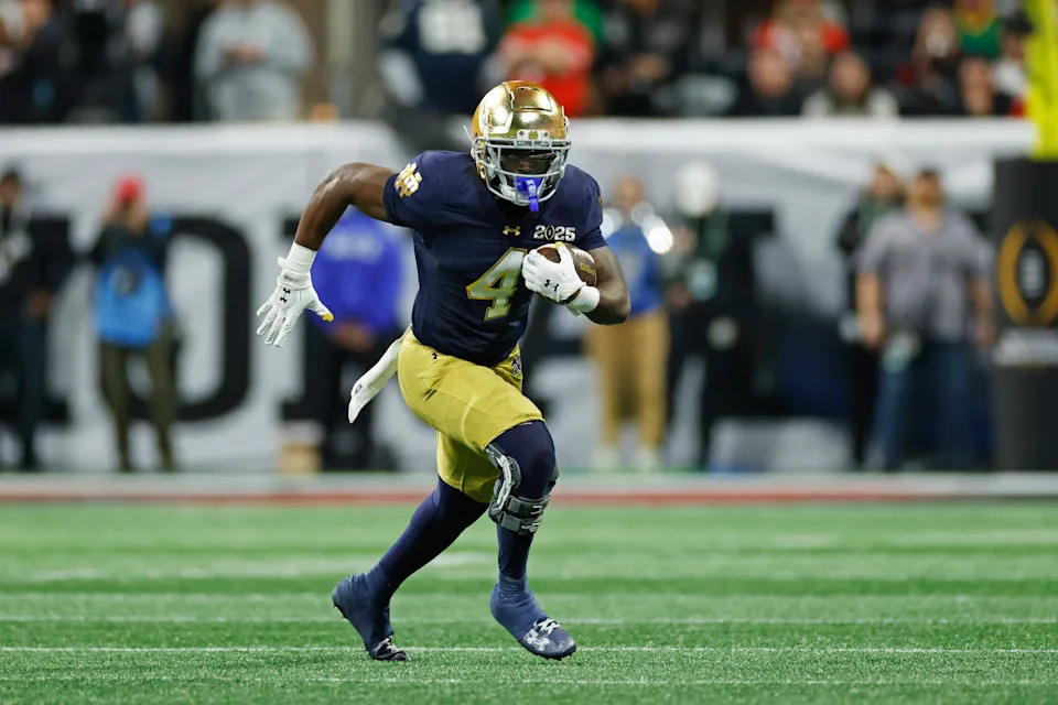 ATLANTA, GA - JANUARY 20: Notre Dame Fighting Irish running back Jeremiyah Love (4) runs with the ball during the Ohio State Buckeyes versus Notre Dame Fighting Irish College Football Playoff National Championship game on January 20, 2025, at Mercedes-Benz Stadium in Atlanta, GA. (Photo by Joe Robbins/Icon Sportswire via Getty Images)